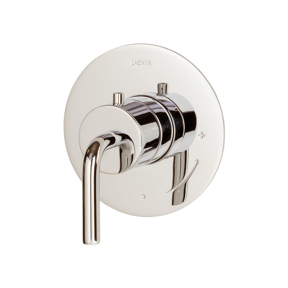 Lacava Cigno Trim Only - Regular Thermostat, Flow Rate 10 Gpm, Curved Lever Handle on Round Knob, Round Backplate