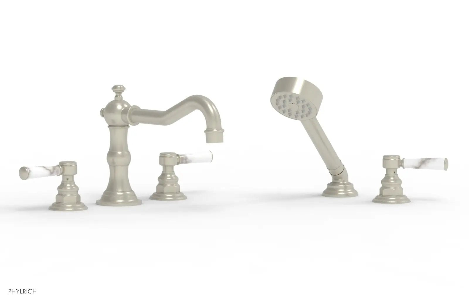 Phylrich HENRI Deck Tub Set with Hand Shower with White Marble Handles by Phylrich