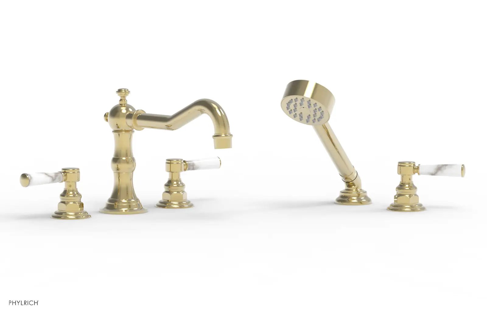 Phylrich HENRI Deck Tub Set with Hand Shower with White Marble Handles by Phylrich