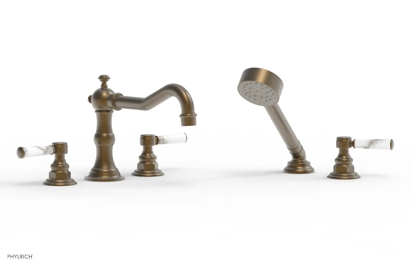 Phylrich HENRI Deck Tub Set with Hand Shower with White Marble Handles by Phylrich