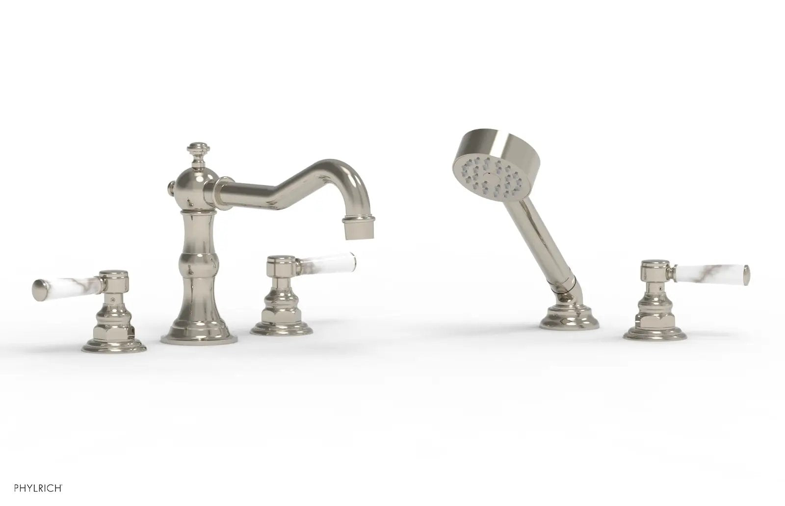 Phylrich HENRI Deck Tub Set with Hand Shower with White Marble Handles by Phylrich