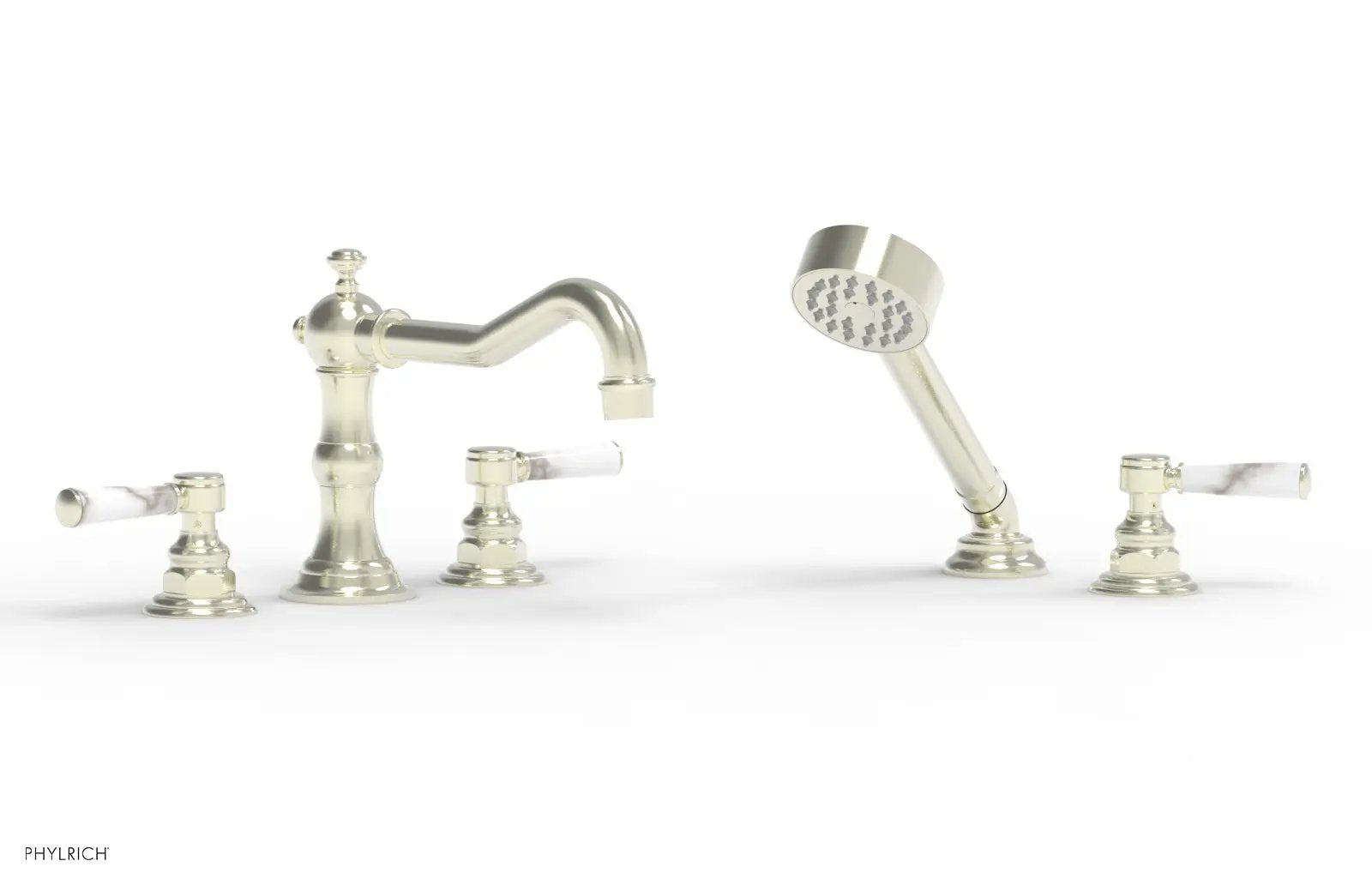 Phylrich HENRI Deck Tub Set with Hand Shower with White Marble Handles by Phylrich