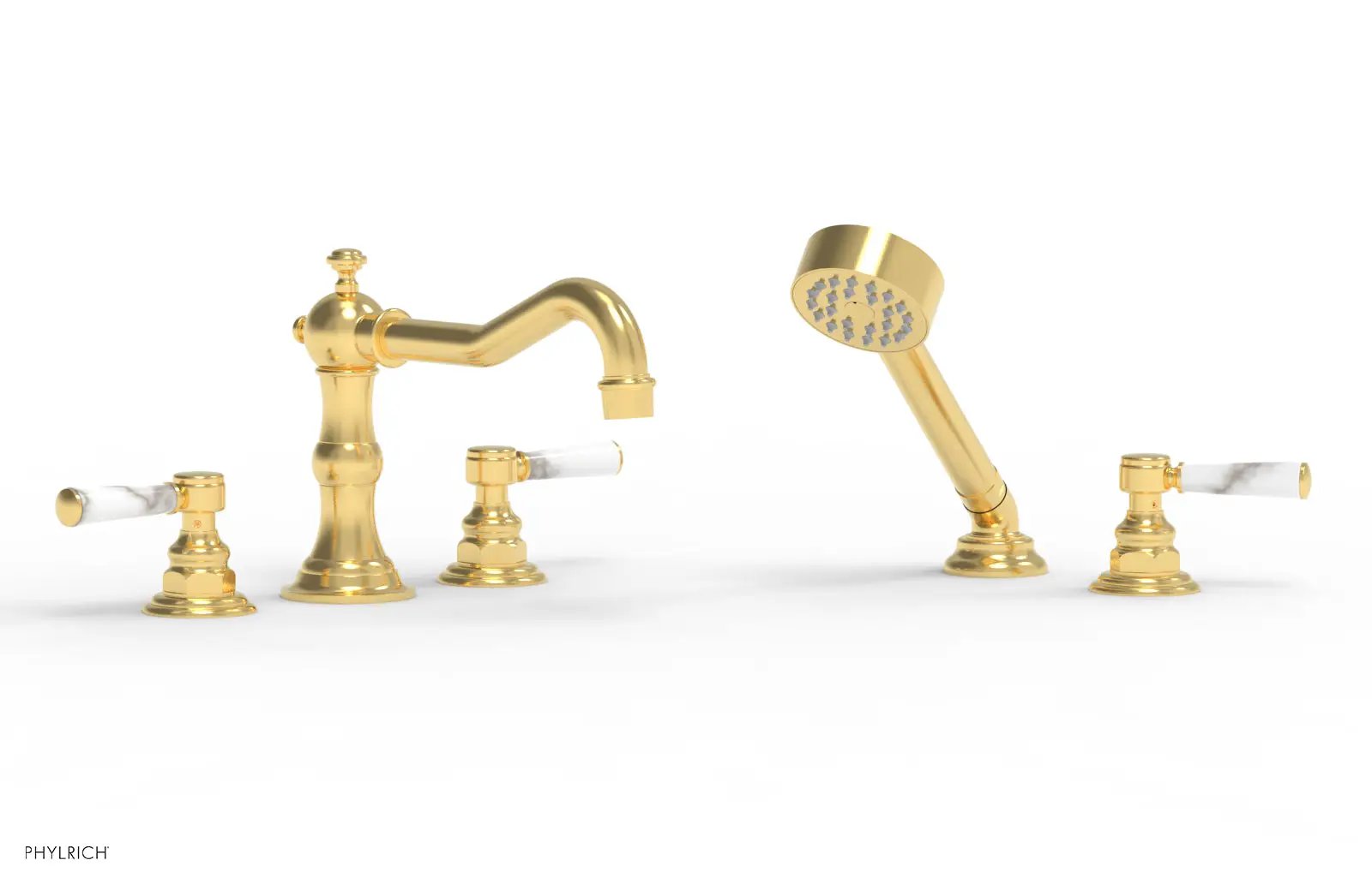 Phylrich HENRI Deck Tub Set with Hand Shower with White Marble Handles by Phylrich