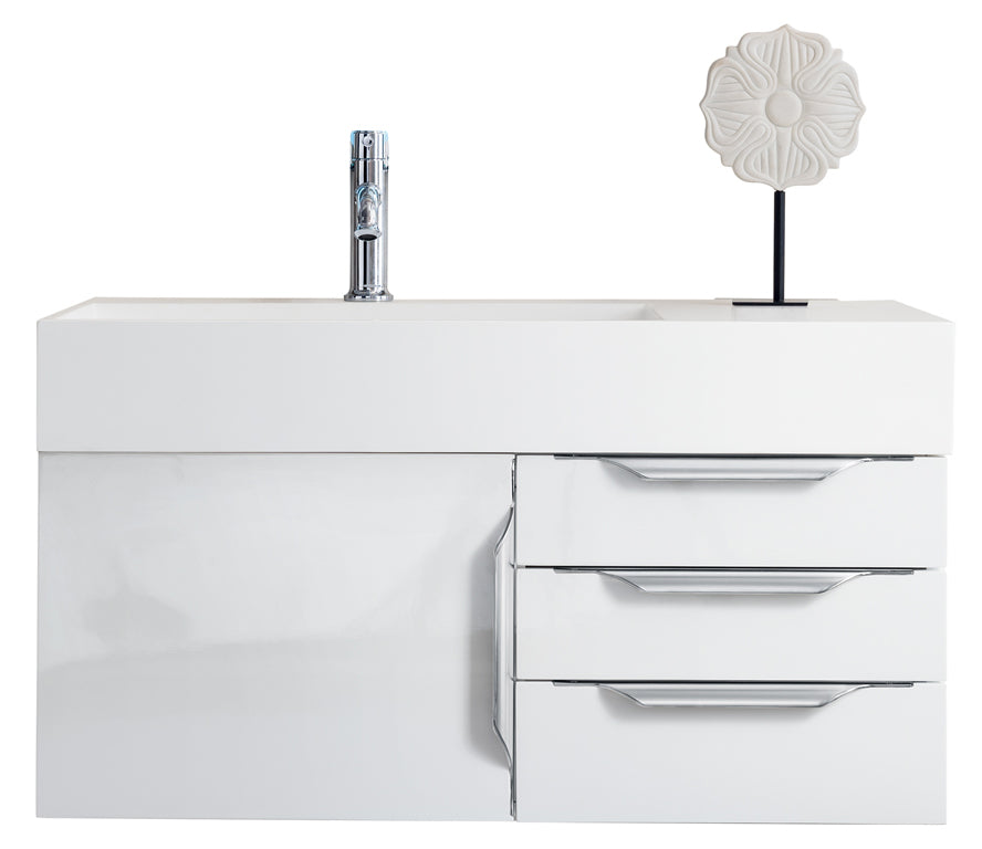 James Martin Vanities Columbia 36" Single Wall Mount Vanity With Brushed Nickel Base and Glossy White Composite Stone Top