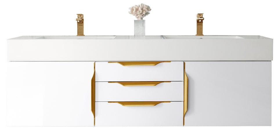James Martin Vanities Columbia 59" Double Wall Mount Vanity With Radiant Gold Base And Glossy White Composite Stone Top