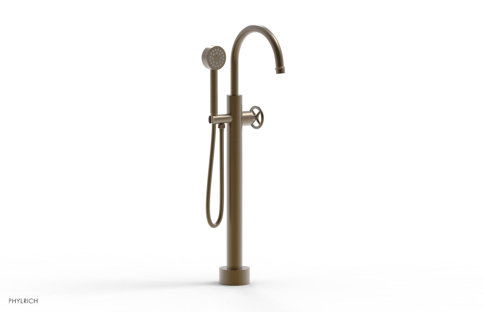 Phylrich WORKS Low Floor Mount Tub Filler - Cross Handle with Hand Shower