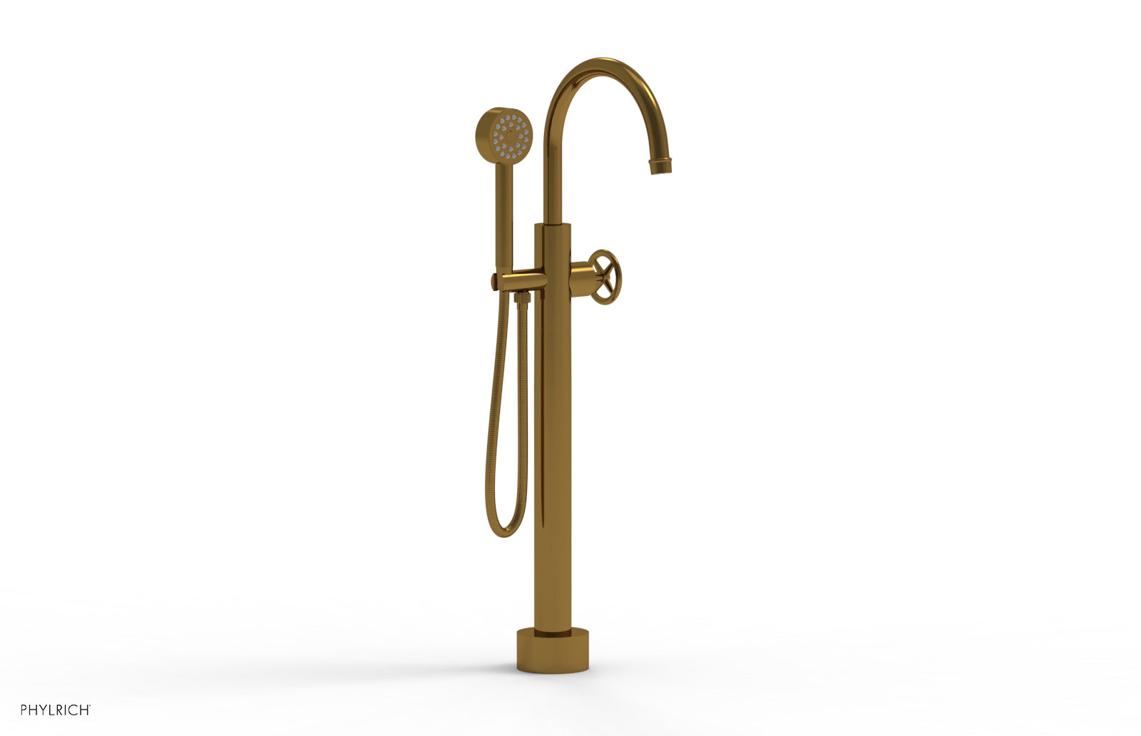 Phylrich WORKS Low Floor Mount Tub Filler - Cross Handle with Hand Shower