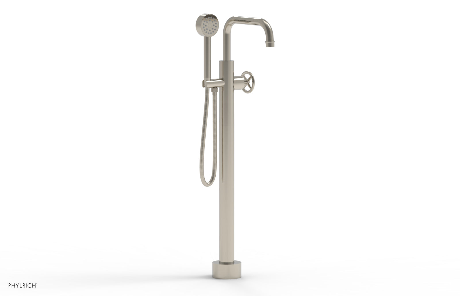 Phylrich WORKS Tall Floor Mount Tub Filler - Cross Handle with Hand Shower