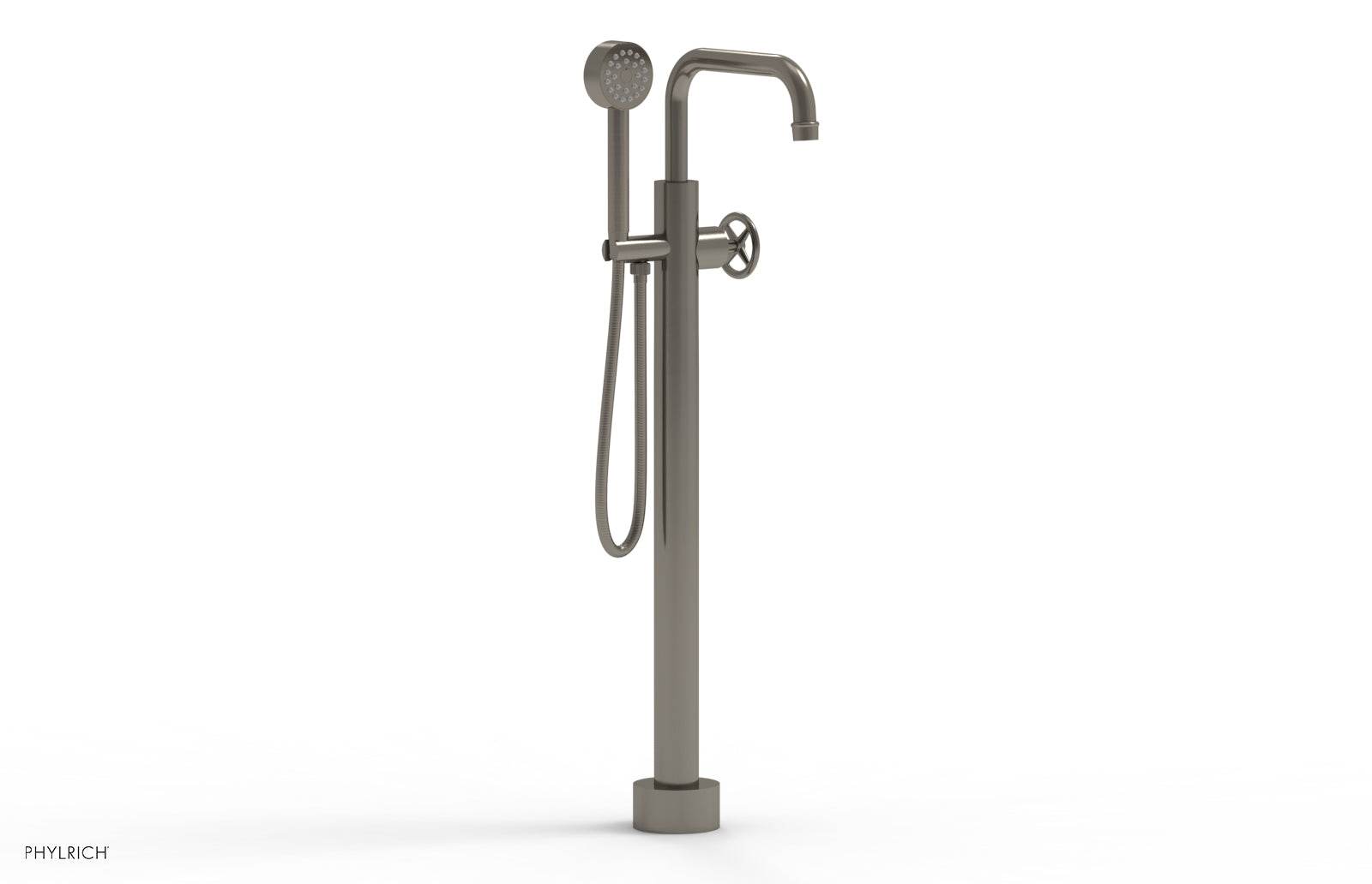 Phylrich WORKS Tall Floor Mount Tub Filler - Cross Handle with Hand Shower
