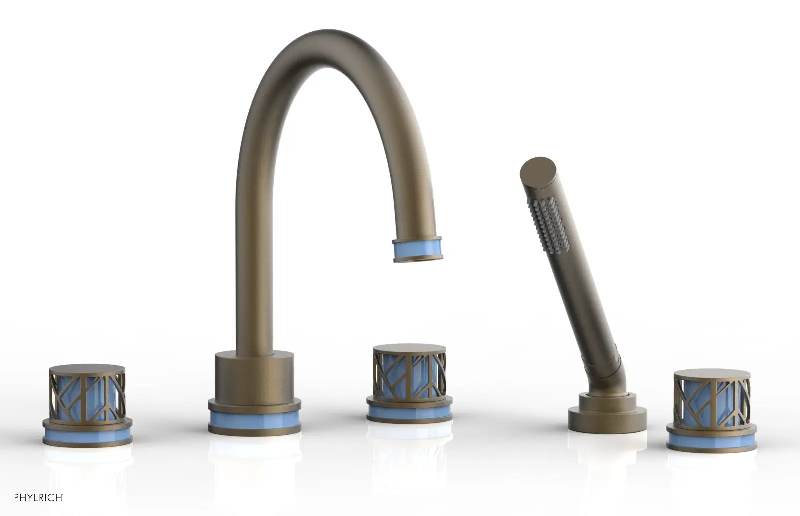 Phylrich JOLIE Deck Tub Set with Hand Shower - Round Handles with "Light Blue" Accents by Phylrich