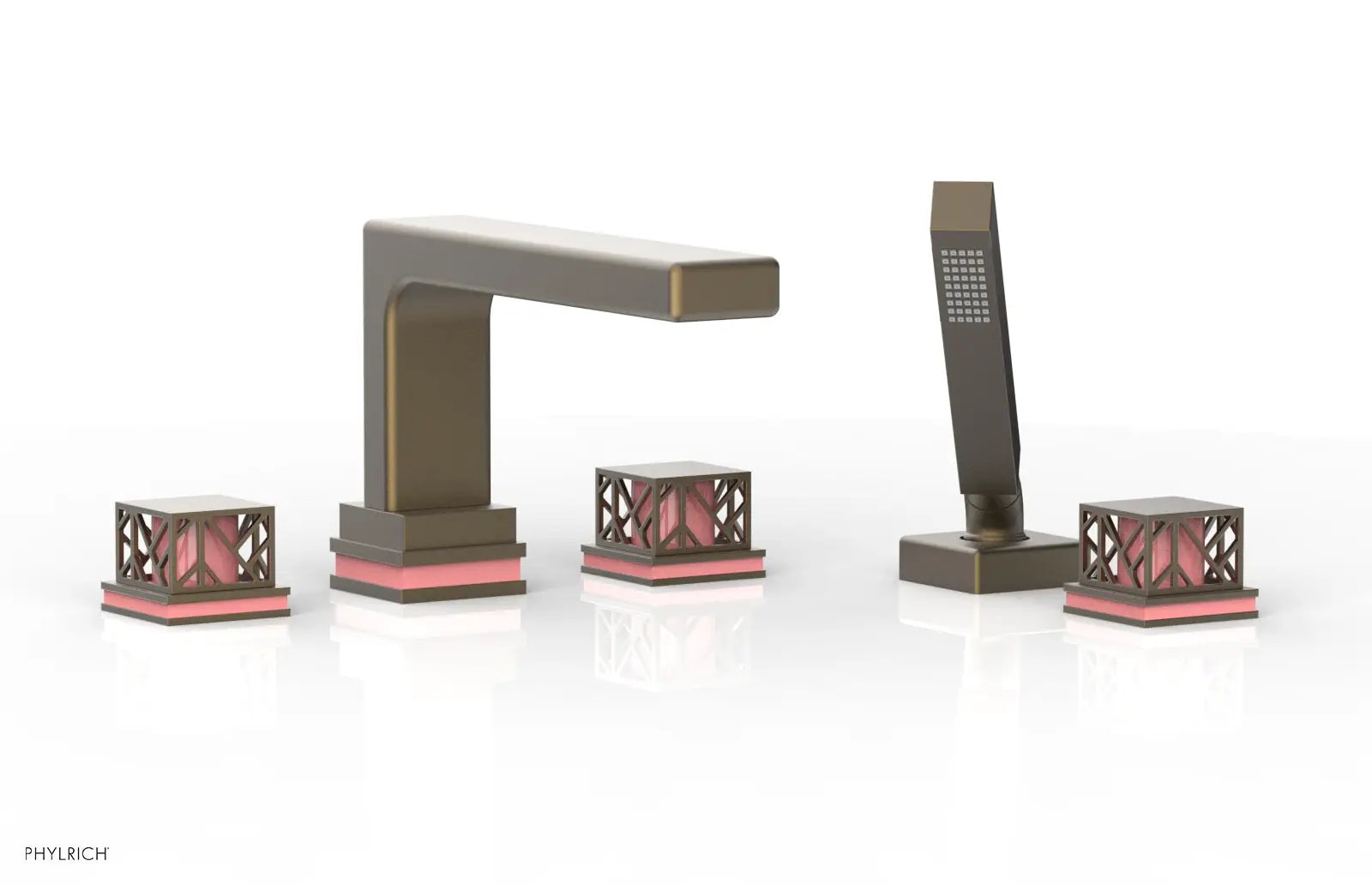 Phylrich JOLIE Deck Tub Set with Hand Shower - Square Handles with "Pink" Accents by Phylrich