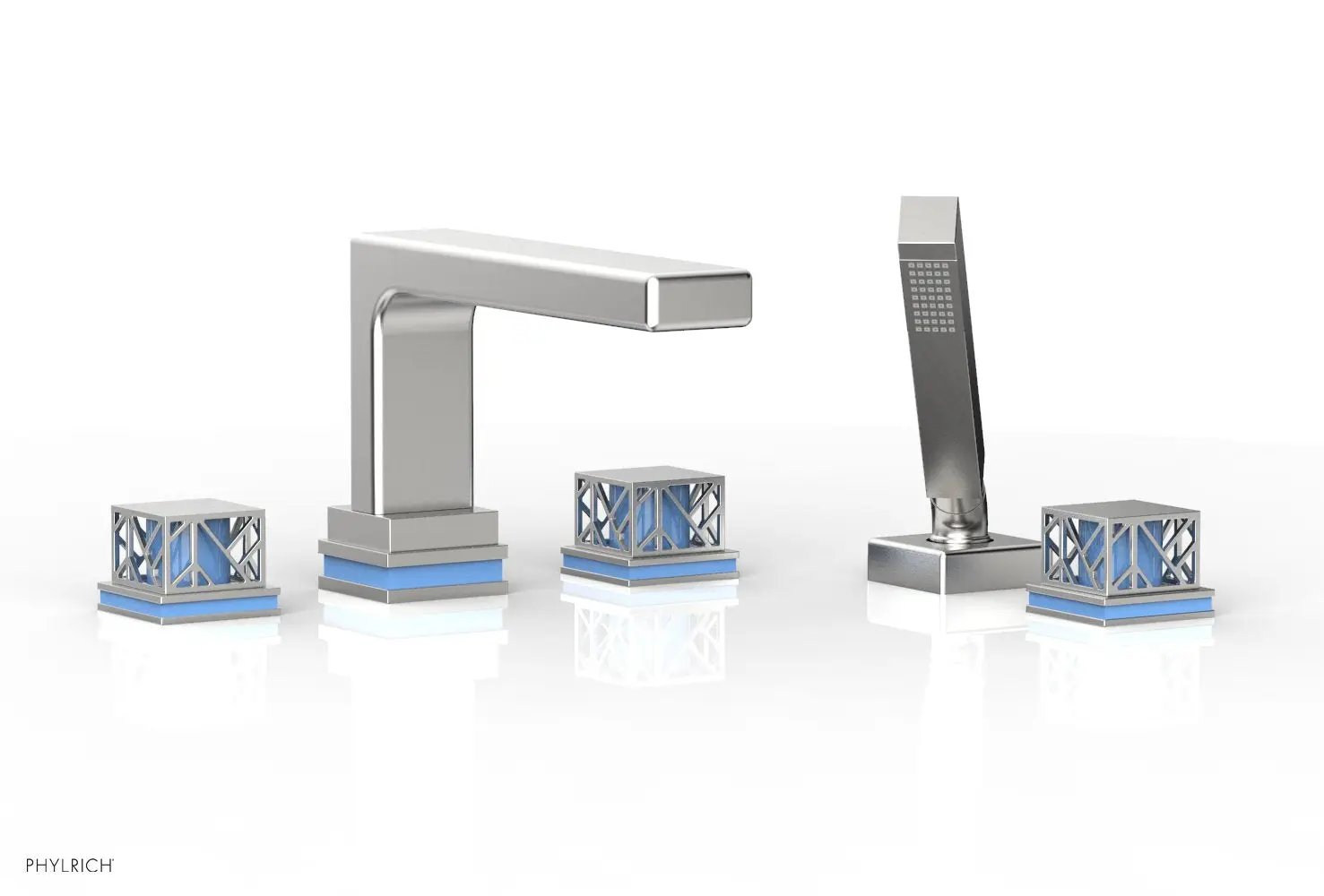 Phylrich JOLIE Deck Tub Set with Hand Shower - Square Handles with "Light Blue" Accents by Phylrich