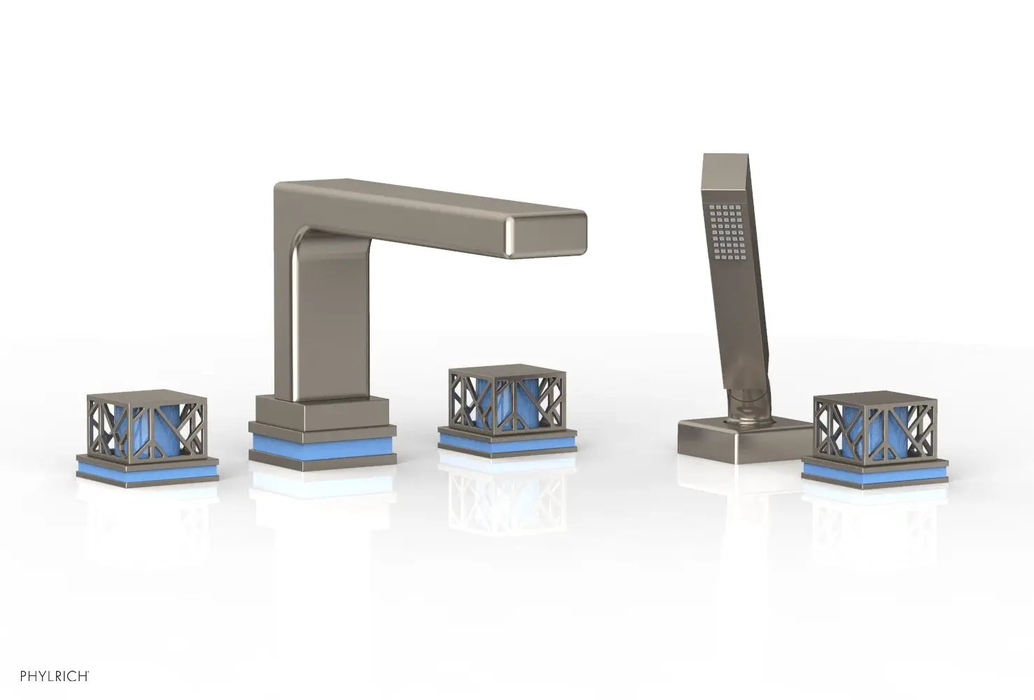 Phylrich JOLIE Deck Tub Set with Hand Shower - Square Handles with "Light Blue" Accents by Phylrich