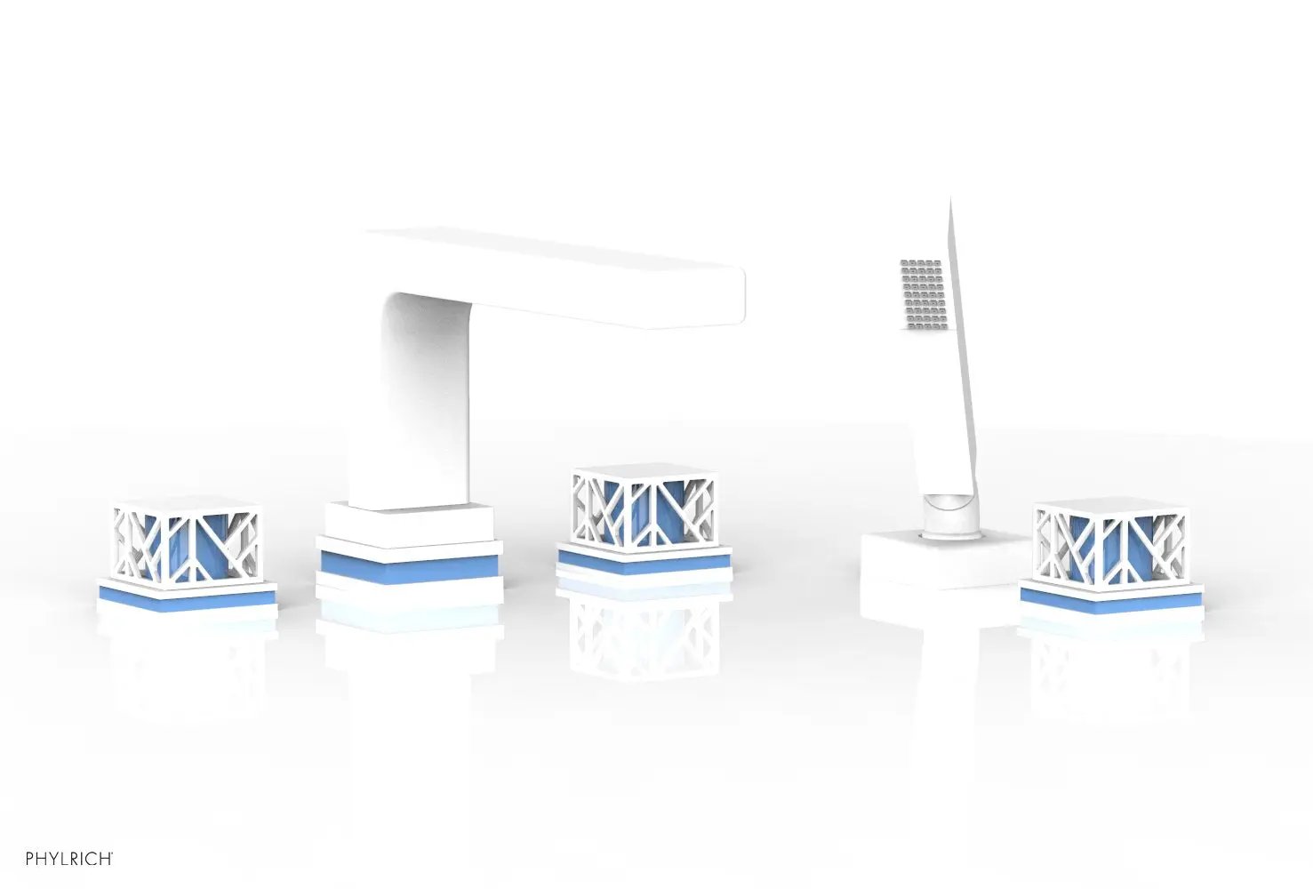 Phylrich JOLIE Deck Tub Set with Hand Shower - Square Handles with "Light Blue" Accents by Phylrich