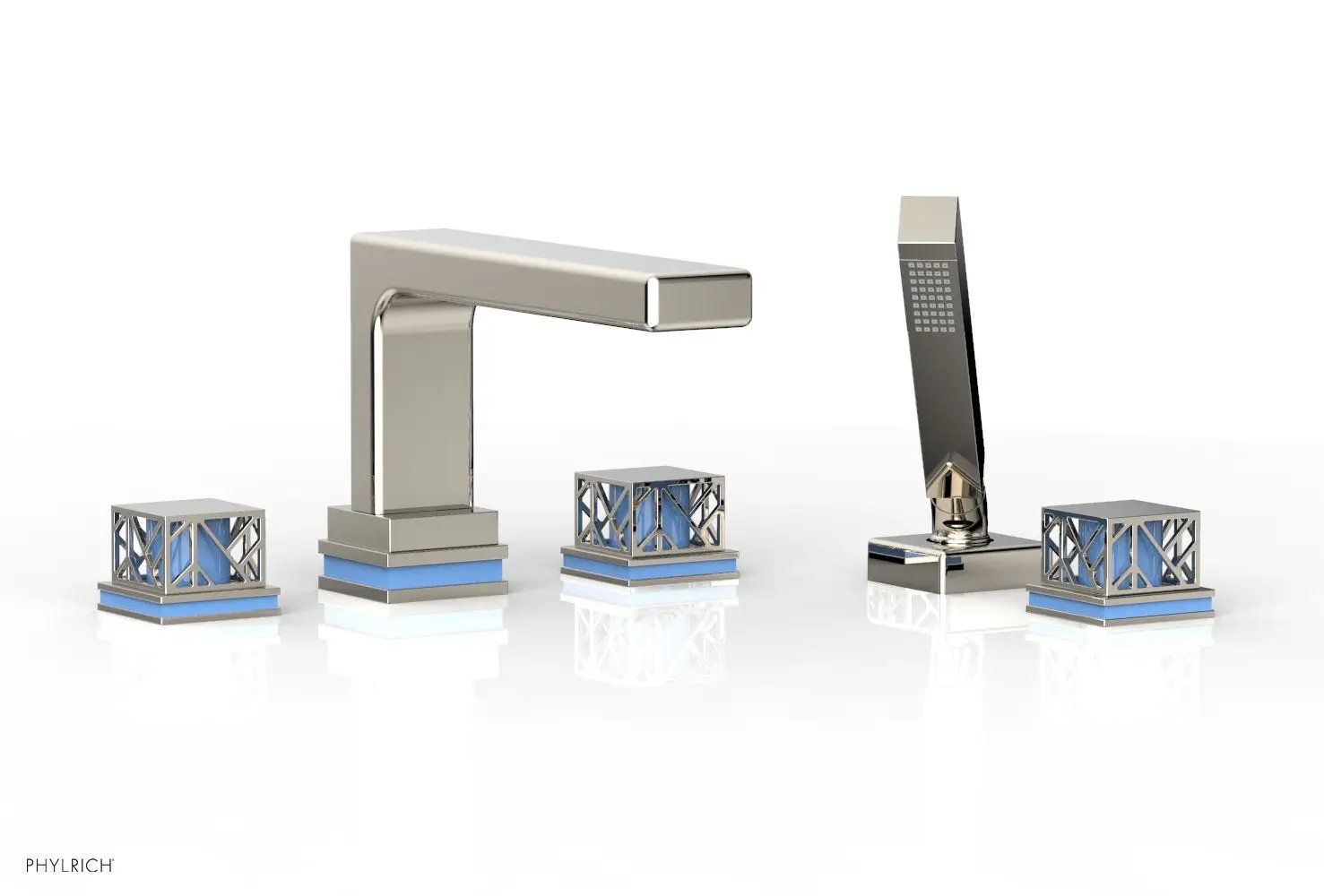 Phylrich JOLIE Deck Tub Set with Hand Shower - Square Handles with "Light Blue" Accents by Phylrich