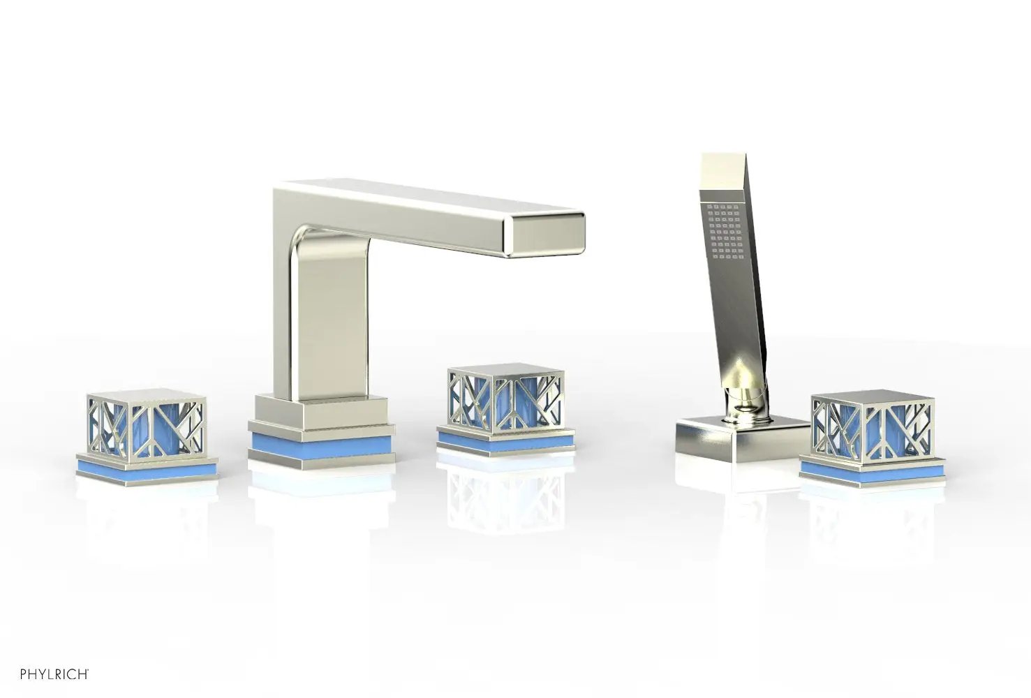 Phylrich JOLIE Deck Tub Set with Hand Shower - Square Handles with "Light Blue" Accents by Phylrich