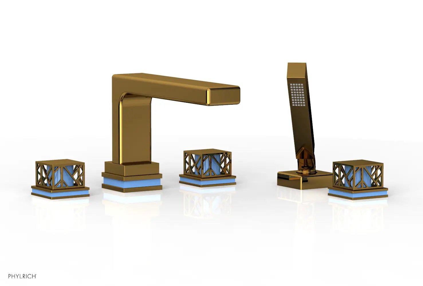 Phylrich JOLIE Deck Tub Set with Hand Shower - Square Handles with "Light Blue" Accents by Phylrich