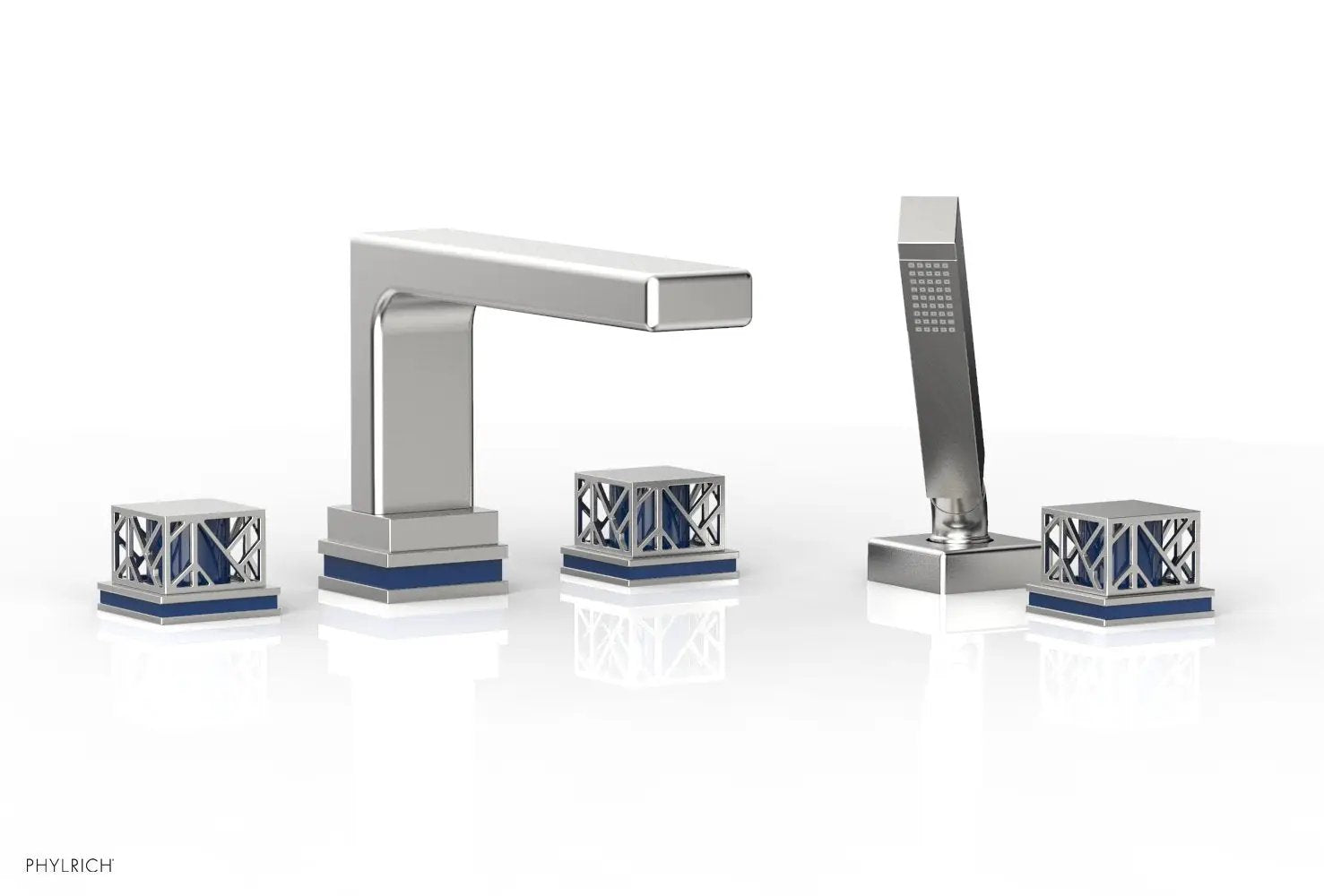 Phylrich JOLIE Deck Tub Set with Hand Shower - Square Handles with "Navy Blue" Accents by Phylrich