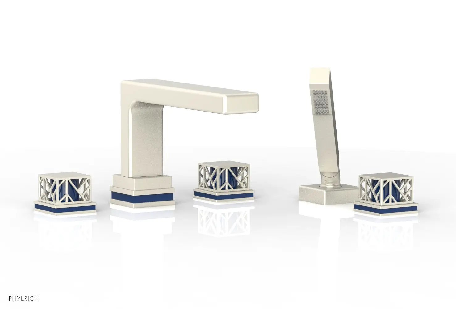 Phylrich JOLIE Deck Tub Set with Hand Shower - Square Handles with "Navy Blue" Accents by Phylrich