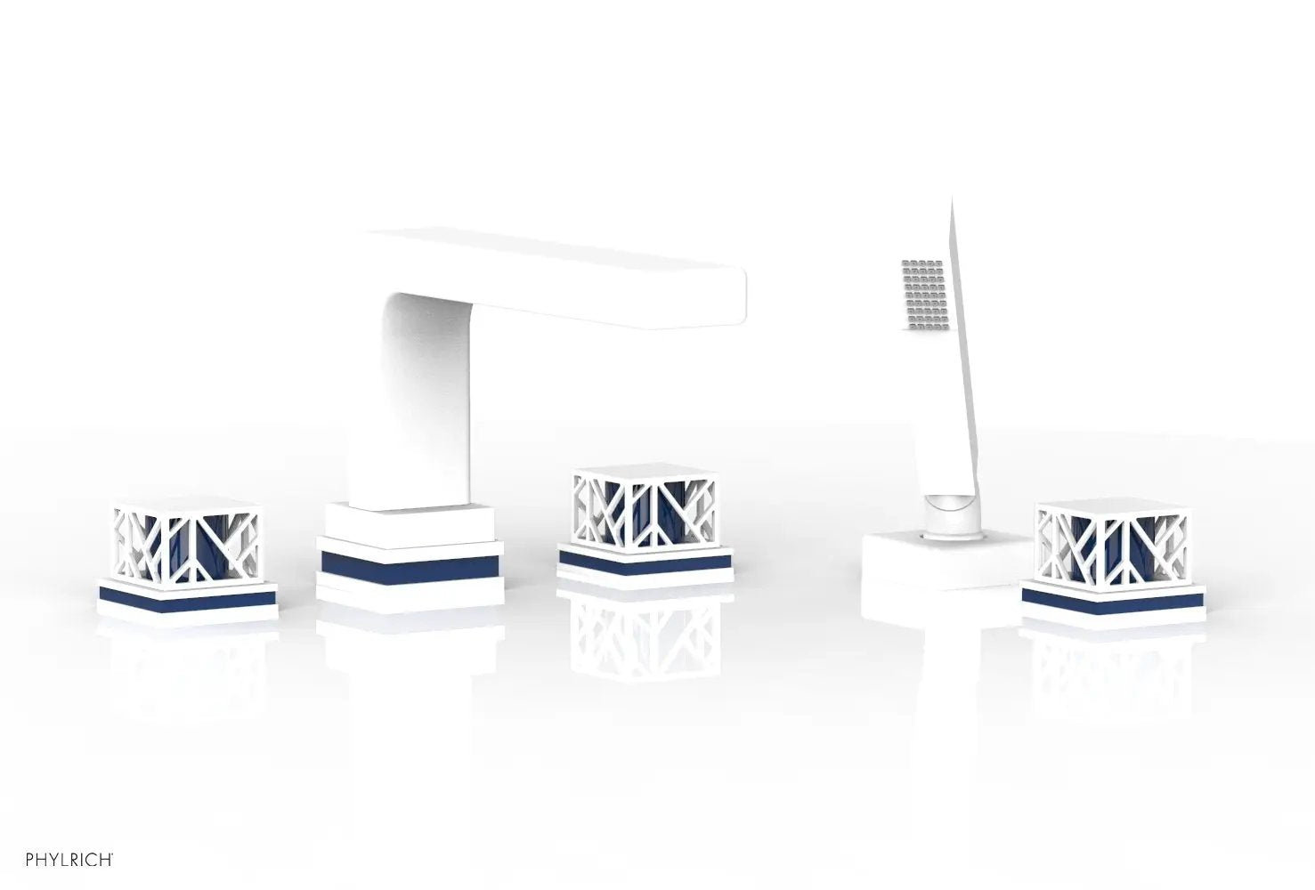 Phylrich JOLIE Deck Tub Set with Hand Shower - Square Handles with "Navy Blue" Accents by Phylrich