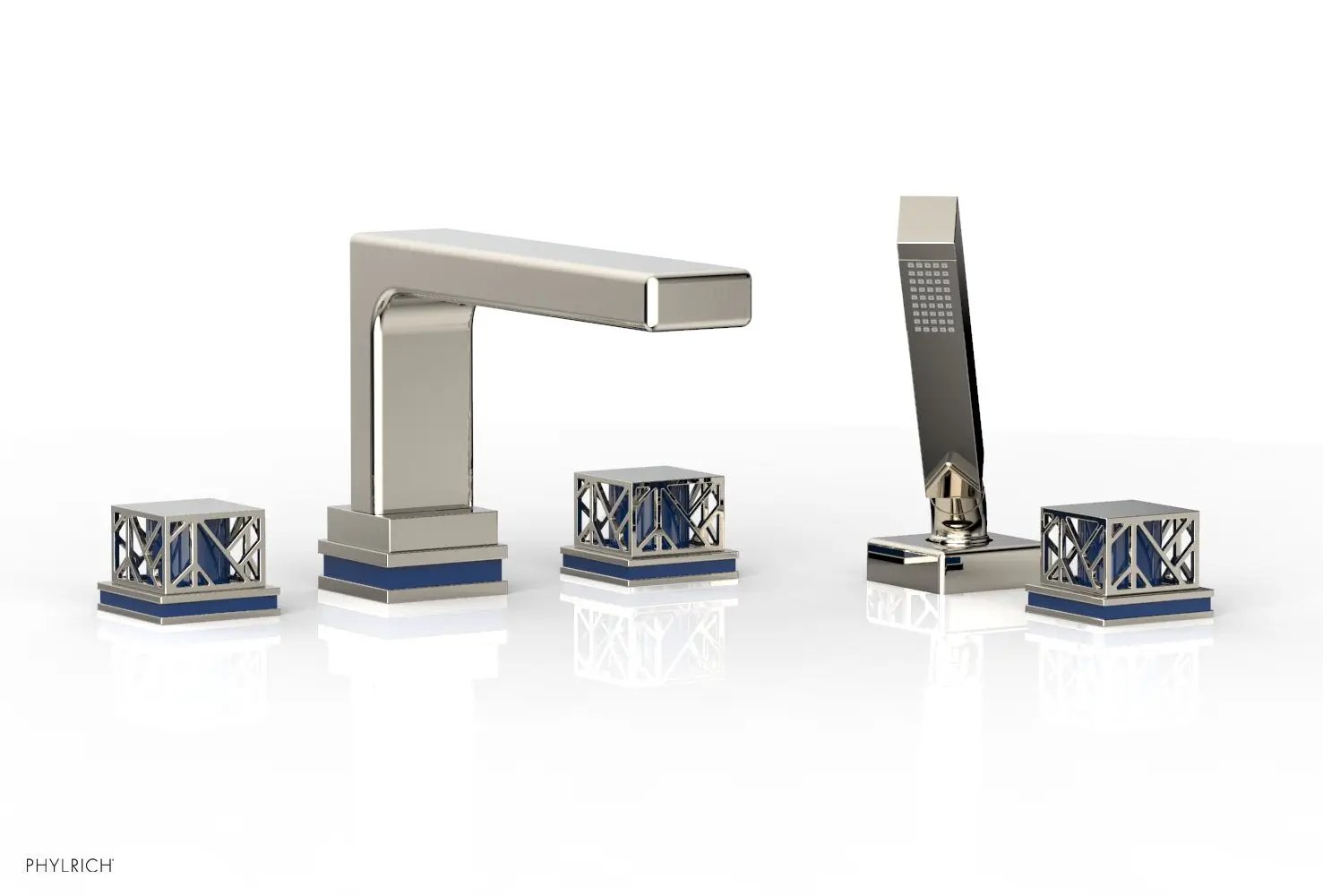 Phylrich JOLIE Deck Tub Set with Hand Shower - Square Handles with "Navy Blue" Accents by Phylrich