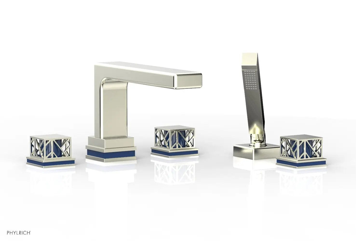 Phylrich JOLIE Deck Tub Set with Hand Shower - Square Handles with "Navy Blue" Accents by Phylrich