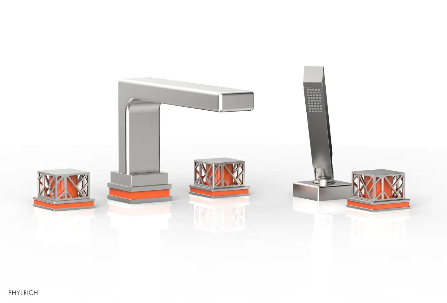 Phylrich JOLIE Deck Tub Set with Hand Shower - Square Handles with "Orange" Accents by Phylrich
