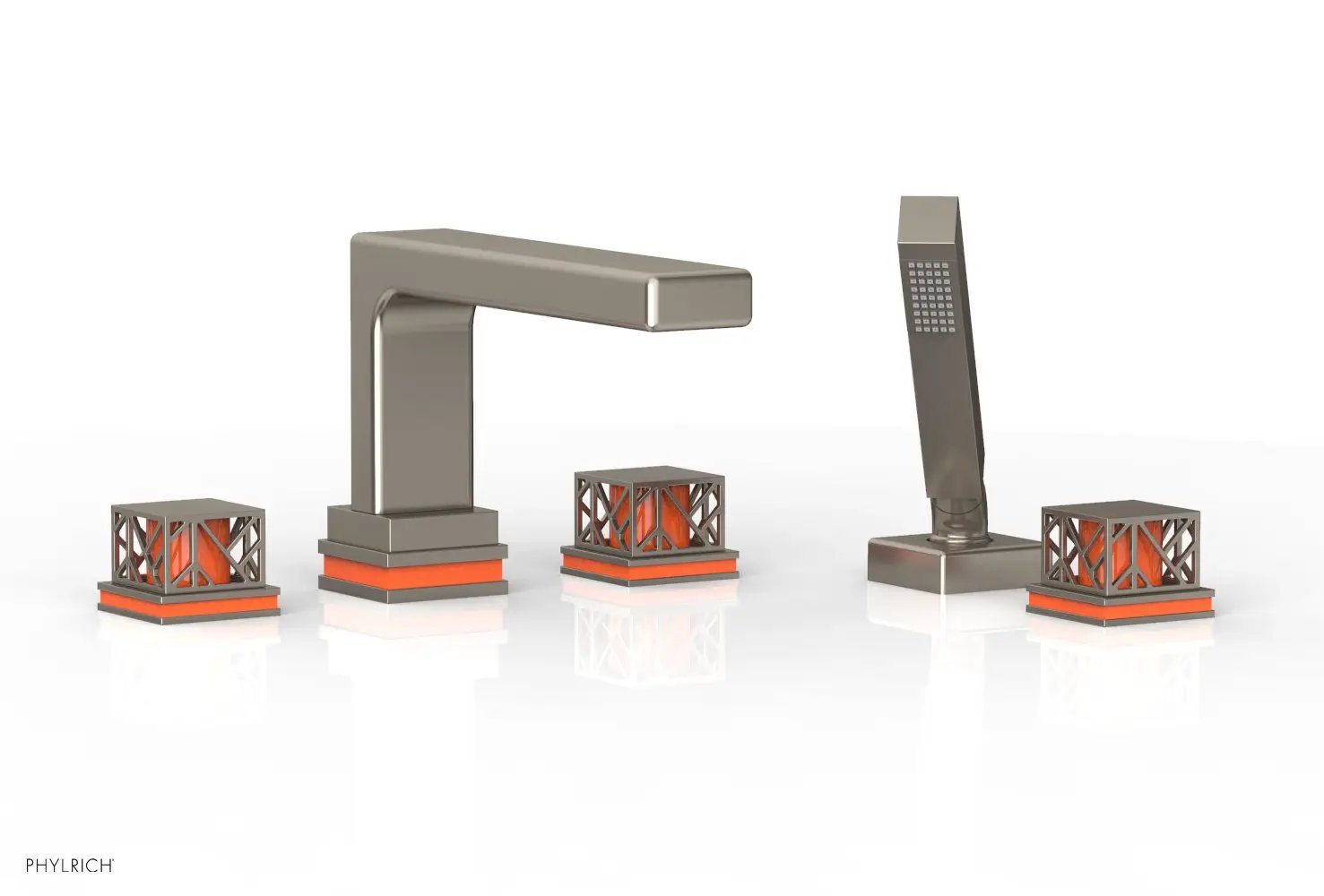 Phylrich JOLIE Deck Tub Set with Hand Shower - Square Handles with "Orange" Accents by Phylrich