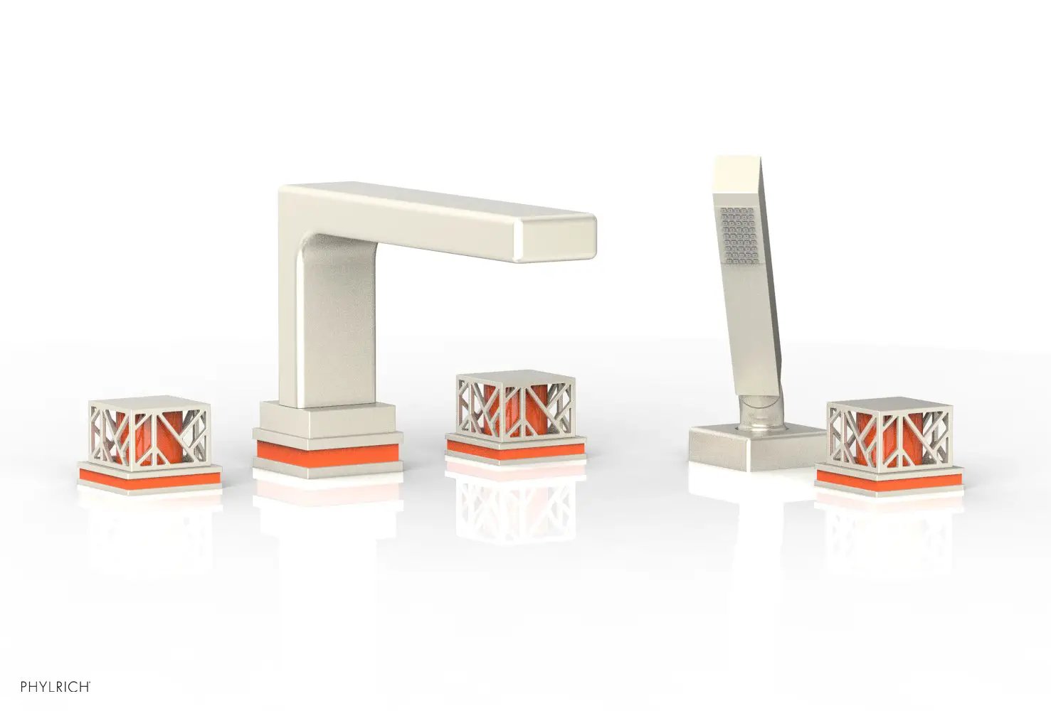 Phylrich JOLIE Deck Tub Set with Hand Shower - Square Handles with "Orange" Accents by Phylrich