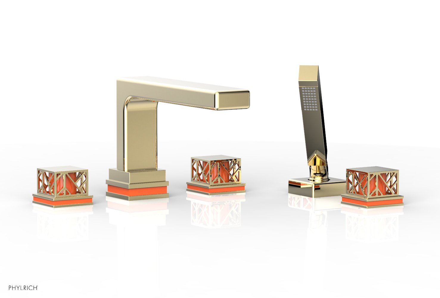 Phylrich JOLIE Deck Tub Set with Hand Shower - Square Handles with "Orange" Accents by Phylrich