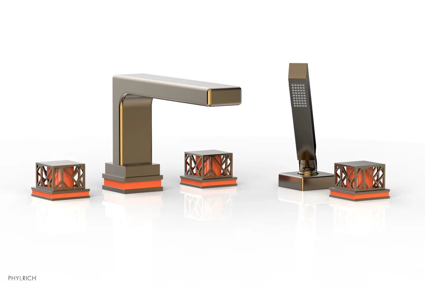 Phylrich JOLIE Deck Tub Set with Hand Shower - Square Handles with "Orange" Accents by Phylrich