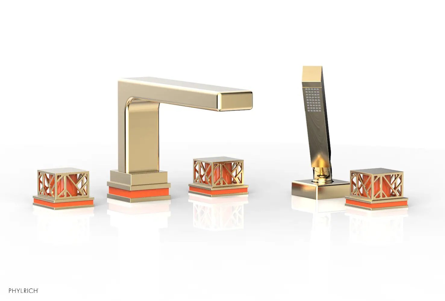 Phylrich JOLIE Deck Tub Set with Hand Shower - Square Handles with "Orange" Accents by Phylrich