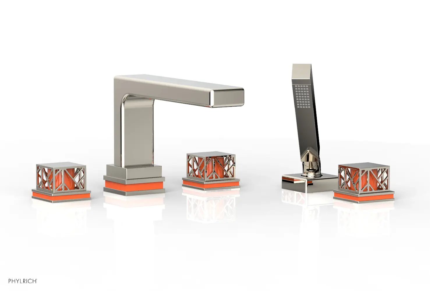 Phylrich JOLIE Deck Tub Set with Hand Shower - Square Handles with "Orange" Accents by Phylrich