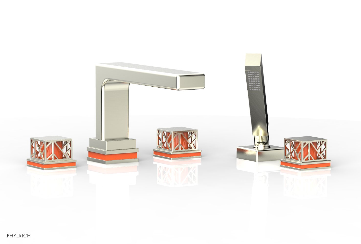 Phylrich JOLIE Deck Tub Set with Hand Shower - Square Handles with "Orange" Accents by Phylrich
