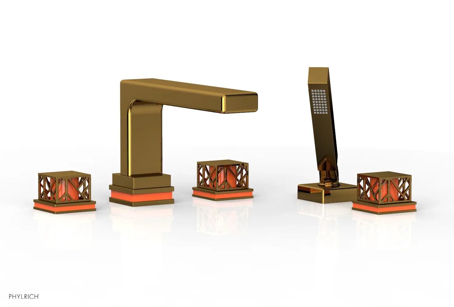 Phylrich JOLIE Deck Tub Set with Hand Shower - Square Handles with "Orange" Accents by Phylrich