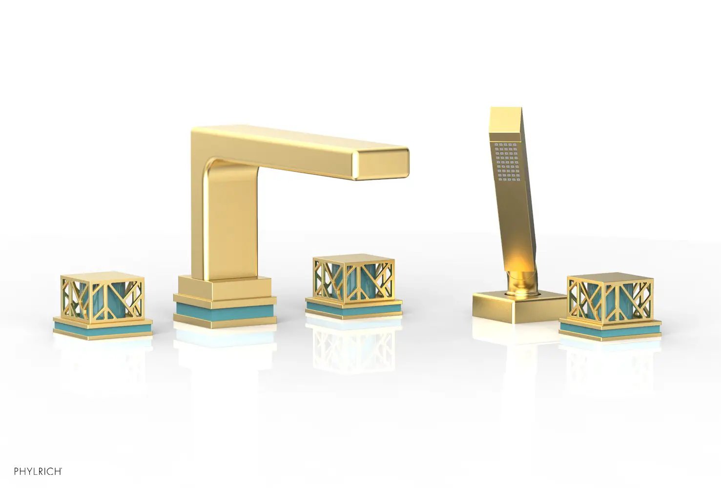 Phylrich JOLIE Deck Tub Set with Hand Shower - Square Handles with "Turquoise" Accents by Phylrich