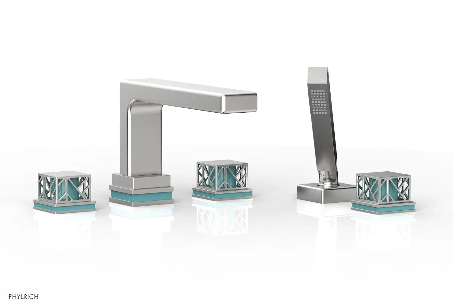 Phylrich JOLIE Deck Tub Set with Hand Shower - Square Handles with "Turquoise" Accents by Phylrich