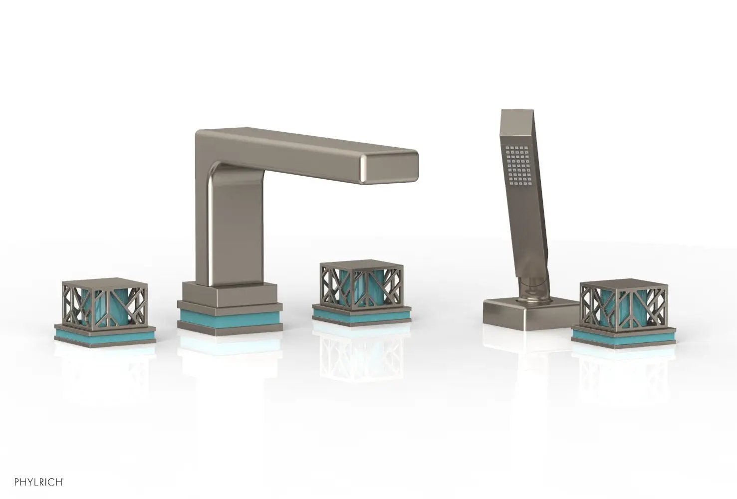 Phylrich JOLIE Deck Tub Set with Hand Shower - Square Handles with "Turquoise" Accents by Phylrich