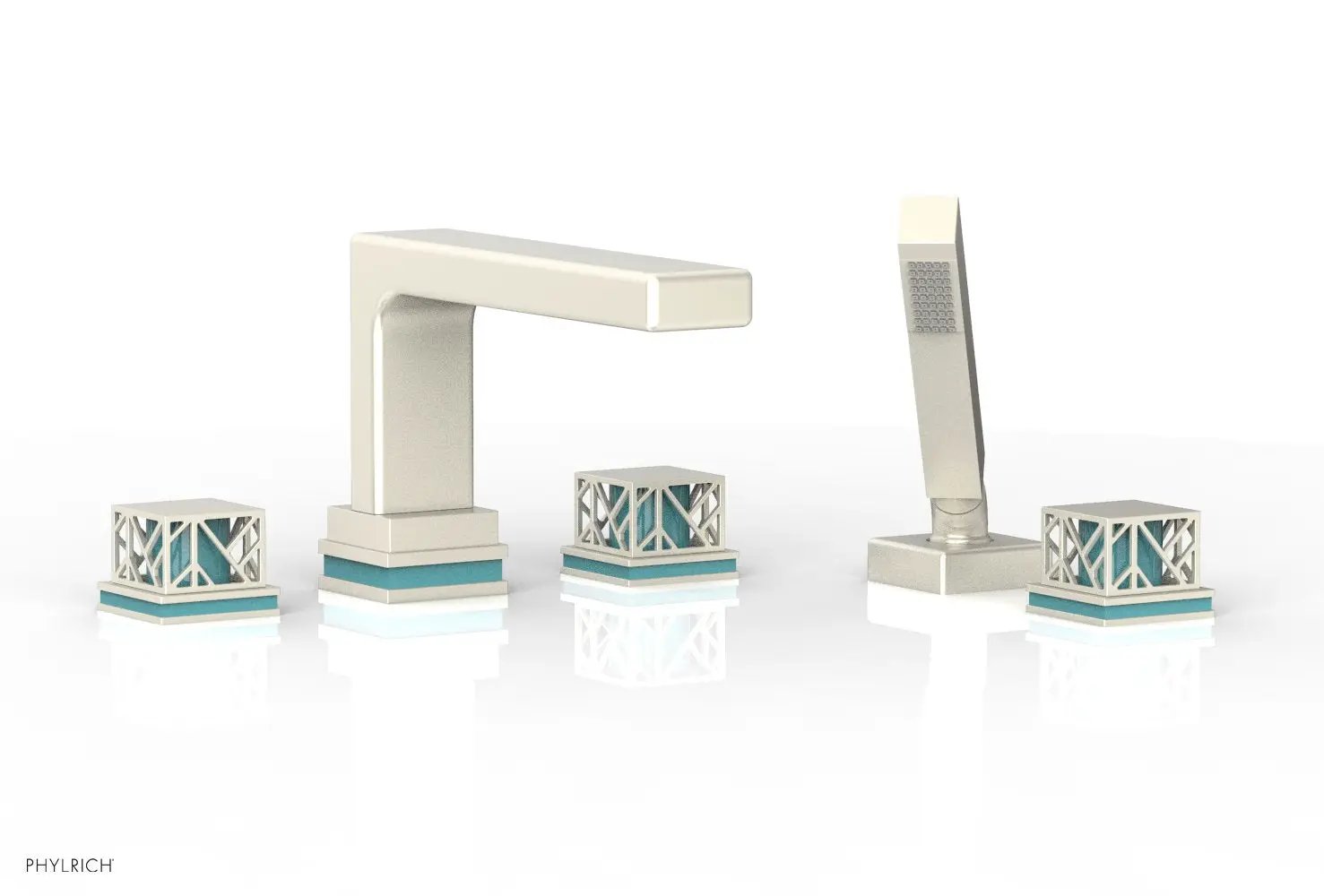 Phylrich JOLIE Deck Tub Set with Hand Shower - Square Handles with "Turquoise" Accents by Phylrich