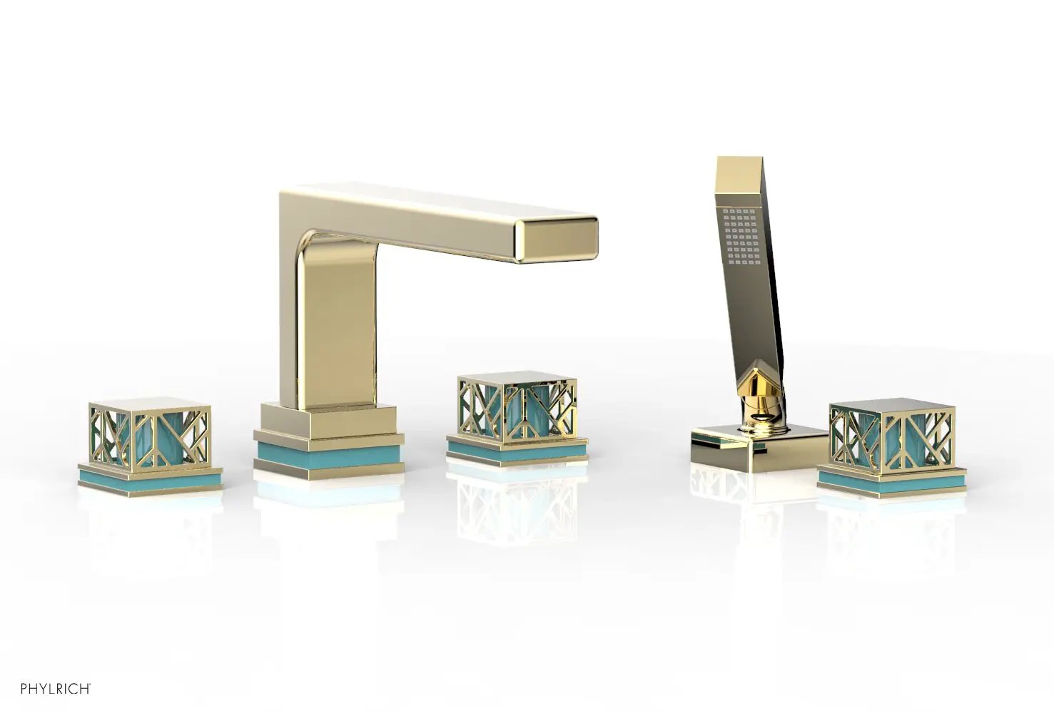 Phylrich JOLIE Deck Tub Set with Hand Shower - Square Handles with "Turquoise" Accents by Phylrich