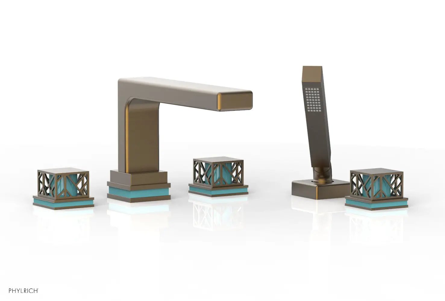 Phylrich JOLIE Deck Tub Set with Hand Shower - Square Handles with "Turquoise" Accents by Phylrich