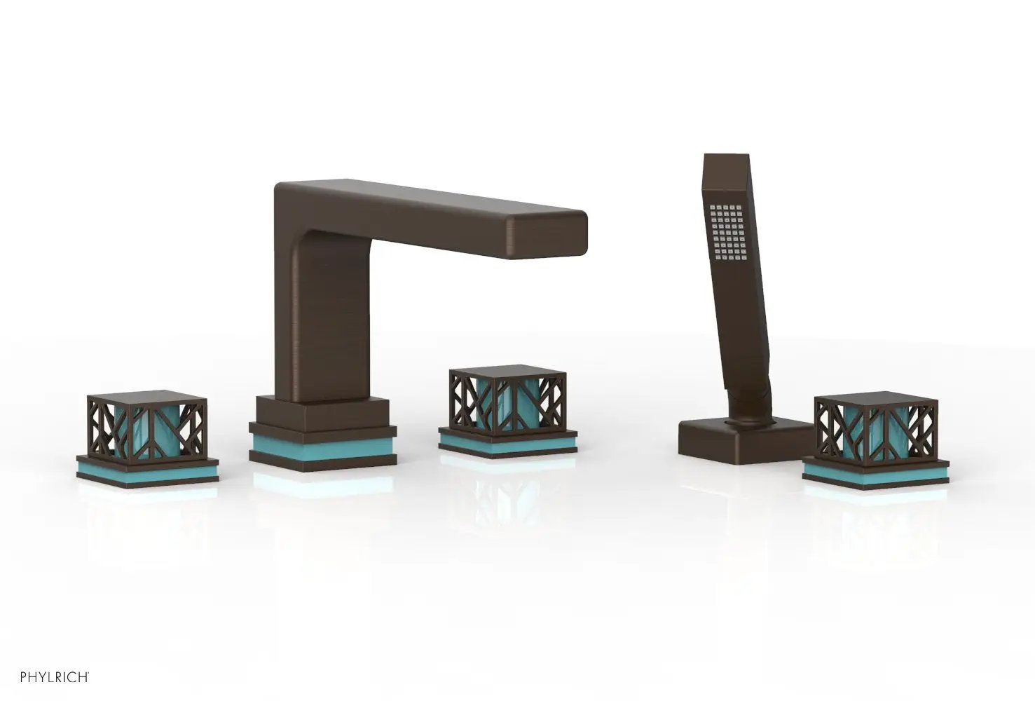 Phylrich JOLIE Deck Tub Set with Hand Shower - Square Handles with "Turquoise" Accents by Phylrich