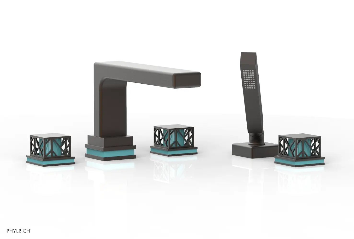 Phylrich JOLIE Deck Tub Set with Hand Shower - Square Handles with "Turquoise" Accents by Phylrich