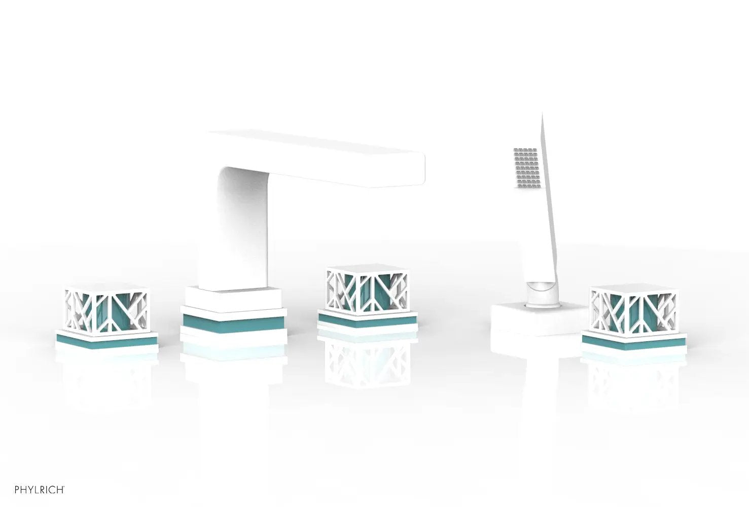 Phylrich JOLIE Deck Tub Set with Hand Shower - Square Handles with "Turquoise" Accents by Phylrich