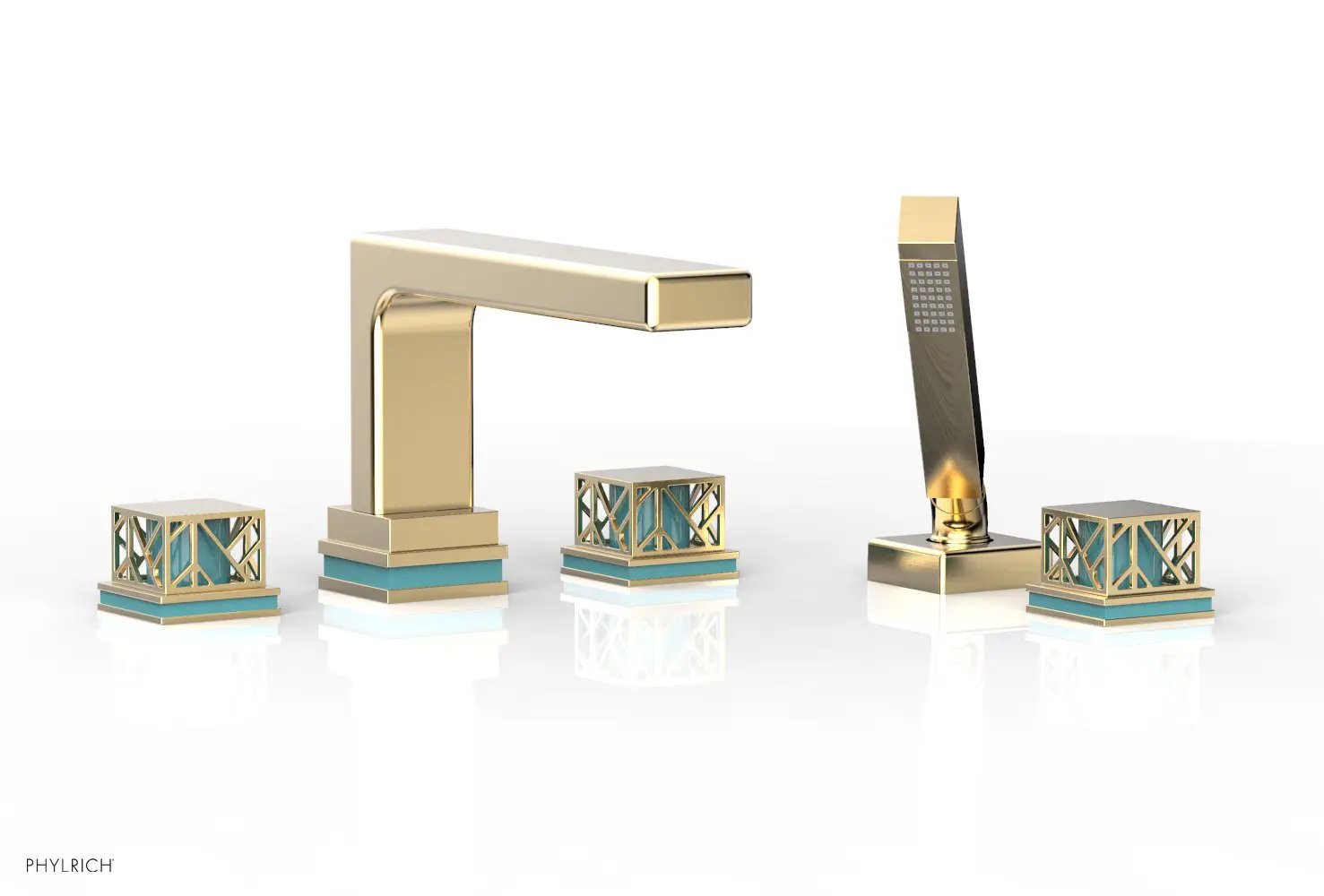 Phylrich JOLIE Deck Tub Set with Hand Shower - Square Handles with "Turquoise" Accents by Phylrich