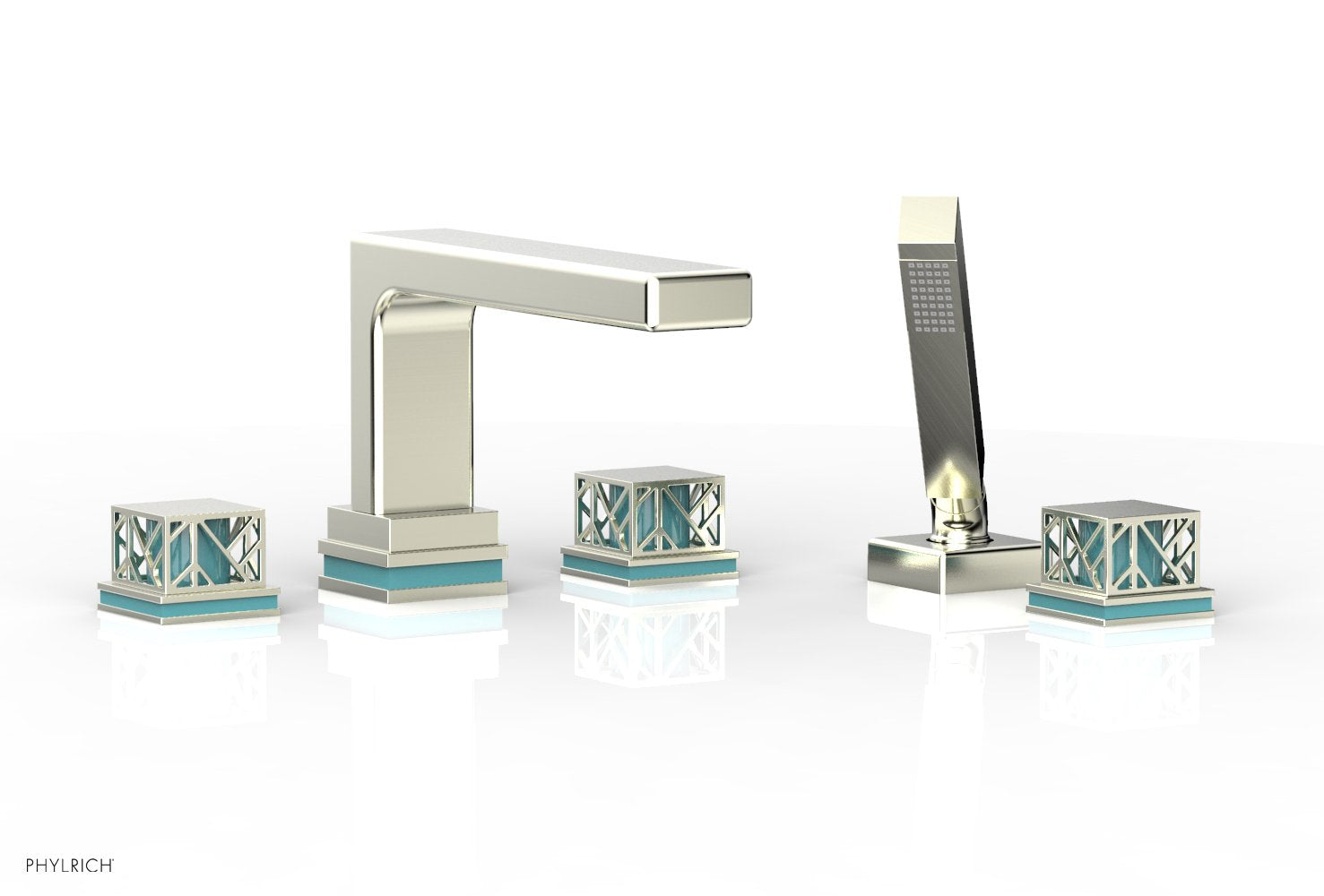 Phylrich JOLIE Deck Tub Set with Hand Shower - Square Handles with "Turquoise" Accents by Phylrich
