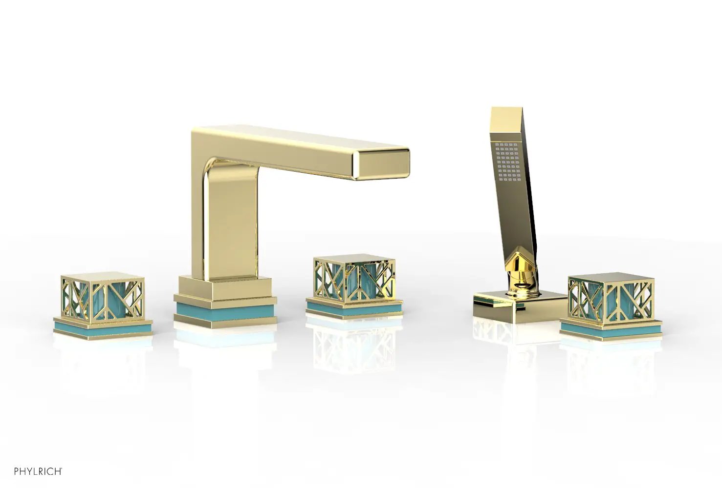 Phylrich JOLIE Deck Tub Set with Hand Shower - Square Handles with "Turquoise" Accents by Phylrich