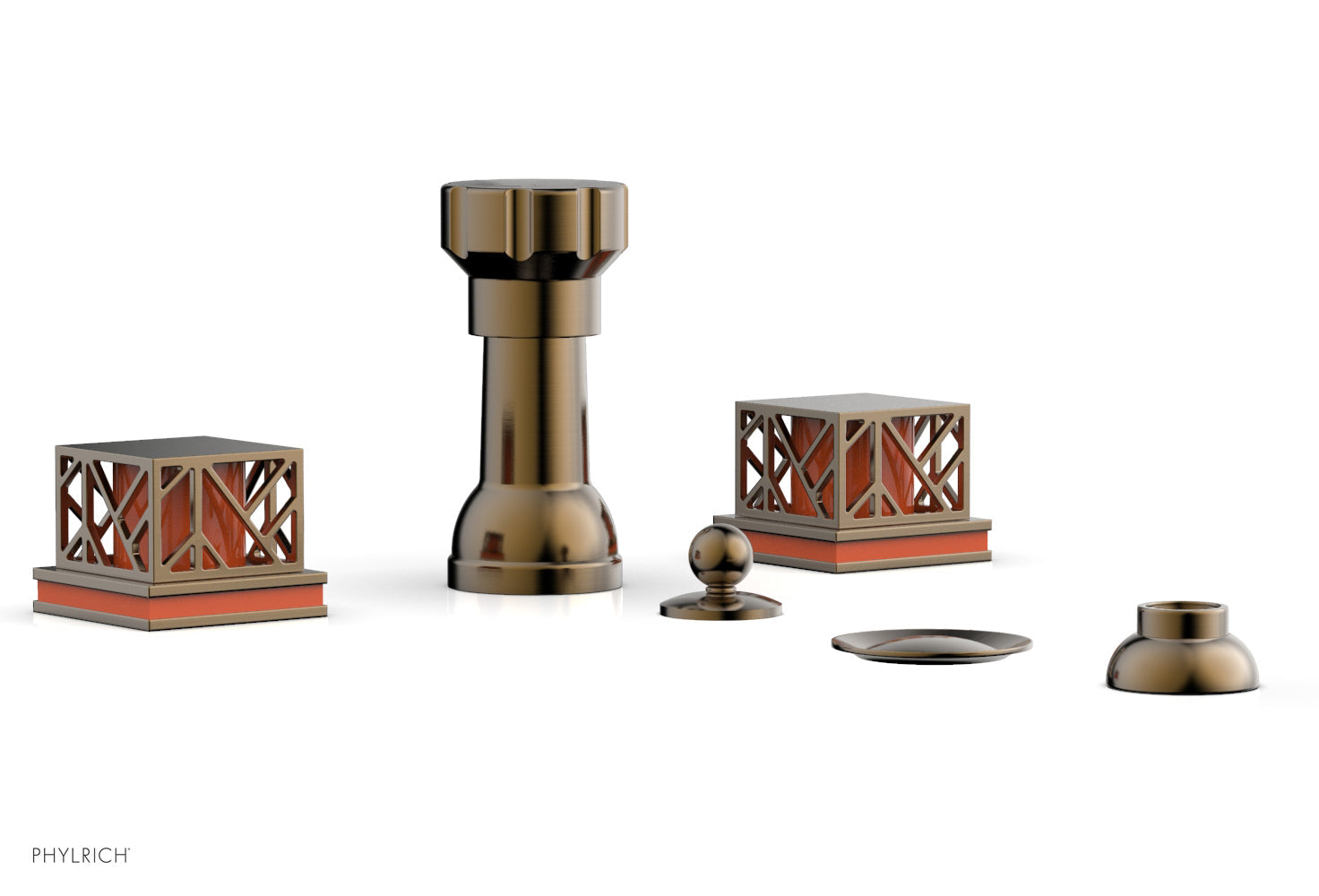 Phylrich JOLIE Four Hole Bidet Set - Square Handles with "Orange Accents"