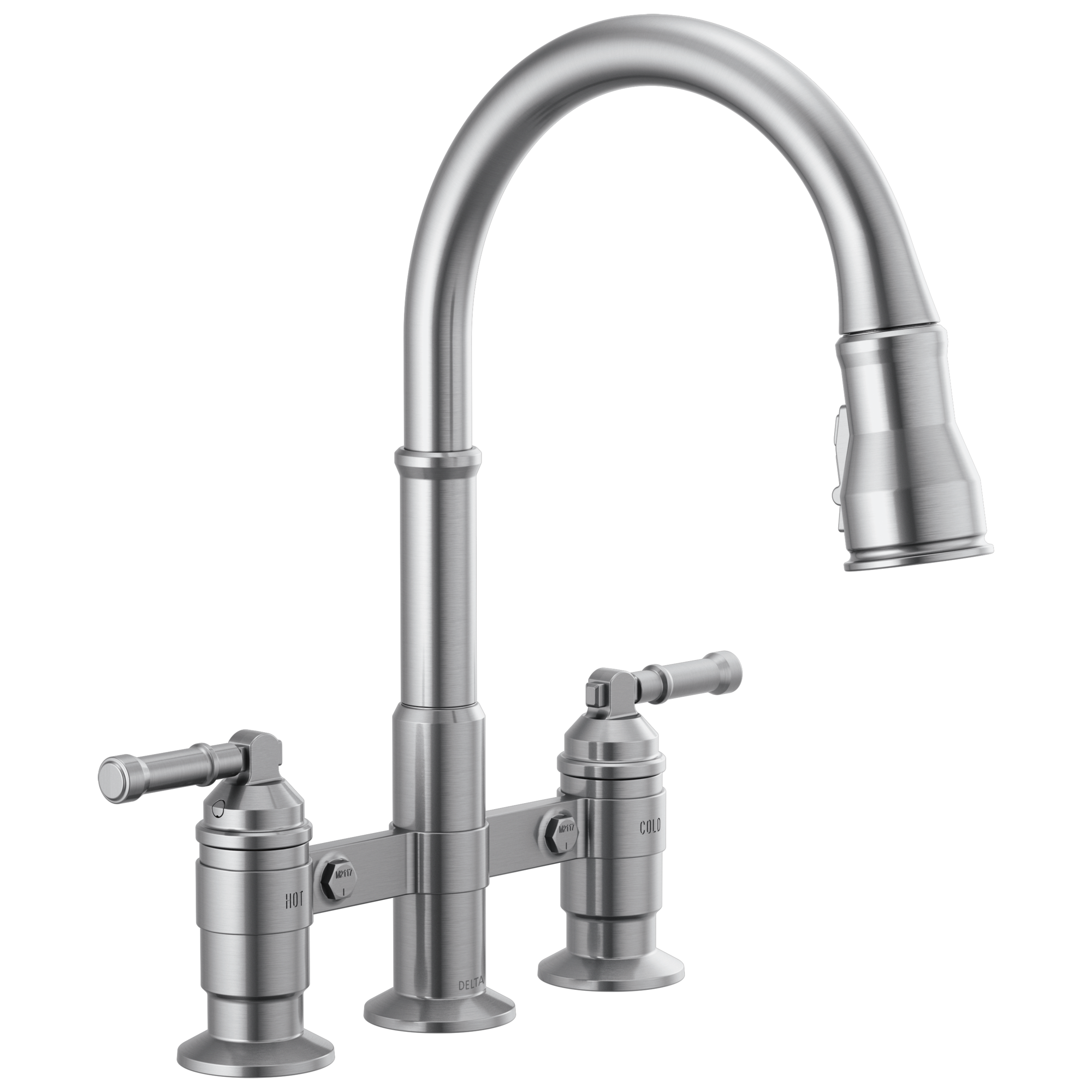 Delta Broderick Two Handle Pull-Down Bridge Kitchen Faucet by Delta