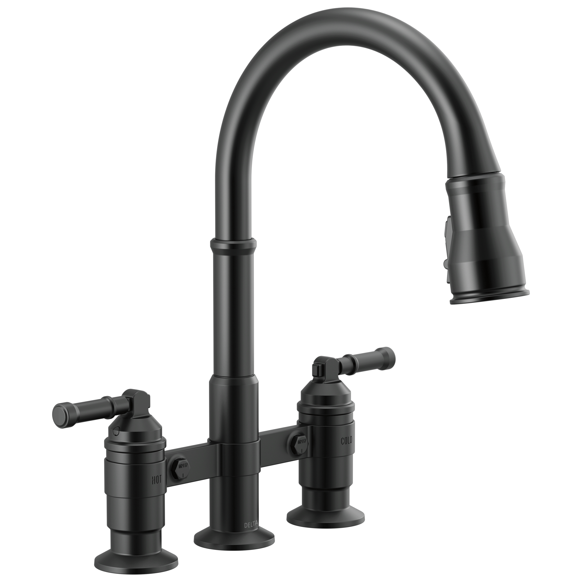 Delta Broderick Two Handle Pull-Down Bridge Kitchen Faucet by Delta